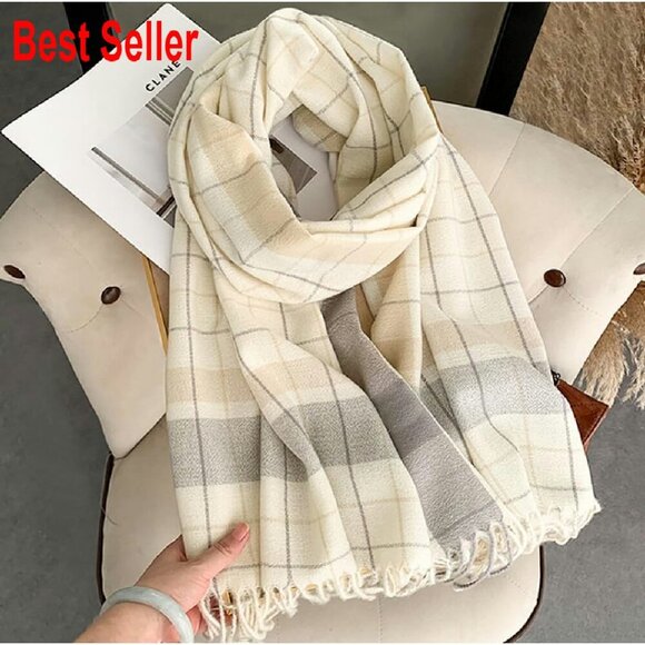 Oversized Cashmere Feel Plaid Scarf Elegant Winter Wrap Shawl Fringed - Picture 6 of 8